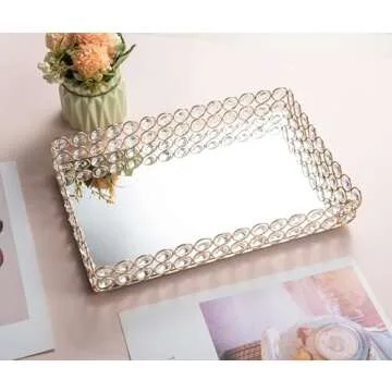 Feyarl Crystal Vanity Makeup Perfume Tray Ornate Jewelry Trinket Ring Earring Tray Organizer Cosmetic Mirrored Decorative Tray Skin Care Tray for Home Deco Dresser Tabletop Countertop (12" x 8")