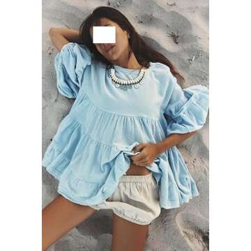 Women Y2k Cute Puff 3/4 Sleeve Cotton Ruffle Shirts Solid Crew Neck Peplum Babydoll Top Fall Going O...