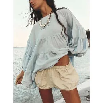 Women Y2k Cute Puff 3/4 Sleeve Cotton Ruffle Shirts Solid Crew Neck Peplum Babydoll Top Fall Going Out Flowy Blouse Blue