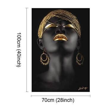 Wall Art Abstract Poster Painting Golden Fashion Black Sexy Women African American Original Designed Pop Gold Earrings Necklace Pretty Girl Style Painting on Canvas with Frame for Home Decorations