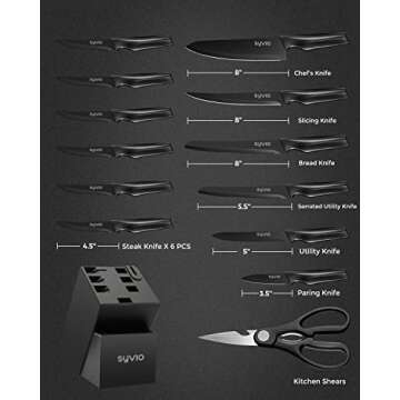 syvio Block Knife Set, 15 Pcs Kitchen Knife Set with Block and Sharpener, with Heavy Poultry Shears and 6pcs Serrated Steak Knives Razor-Sharp, Stainless Steel, Lightweight, Anti-Slip Handle