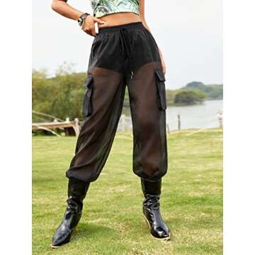 WDIRARA Women's See Through Rave Pants with Pockets
