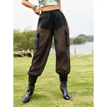 WDIRARA Women's See Through Rave Pants with Pockets