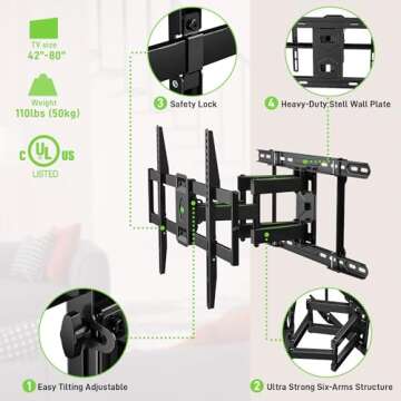 USX MOUNT UL Listed TV Wall Mount for 42"-85" TVS, Fits 16" 18" or 24" Studs, Full Motion TV Mount Swivel Tilt Extension TV Bracket with Dual Articulating Arms, Max VESA 600x400mm, Load 110lbs