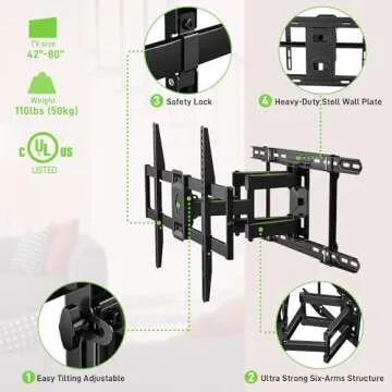 USX MOUNT UL Listed TV Wall Mount for 42"-85" TVS, Fits 16" 18" or 24" Studs, Full Motion TV Mount Swivel Tilt Extension TV Bracket with Dual Articulating Arms, Max VESA 600x400mm, Load 110lbs