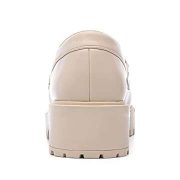 YETIER Platform Womens Loafer Leather Slip-ons Round Toe Chunky Loafer Shoes Penny Casual Fashion Shoes with Chain Beige