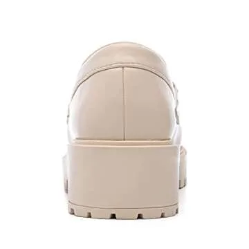 YETIER Platform Womens Loafer Leather Slip-ons Round Toe Chunky Loafer Shoes Penny Casual Fashion Shoes with Chain Beige