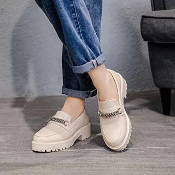 YETIER Platform Womens Loafer Leather Slip-ons Round Toe Chunky Loafer Shoes Penny Casual Fashion Shoes with Chain Beige