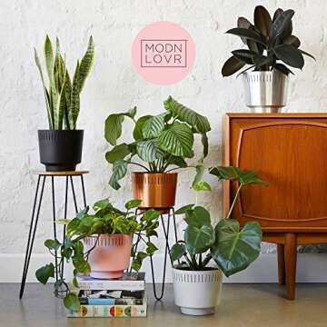 MODN LOVR Mid Century Modern Planter Pot Indoor with Drainage - Large 8.5 Inch Round Stylish Leak Proof Aluminum Houseplant Pots for Home or Office, Succulent and Cactus Holder, Anodized Copper