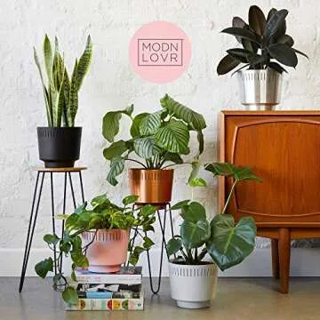 MODN LOVR Mid Century Modern Planter Pot Indoor with Drainage - Large 8.5 Inch Round Stylish Leak Proof Aluminum Houseplant Pots for Home or Office, Succulent and Cactus Holder, Anodized Copper