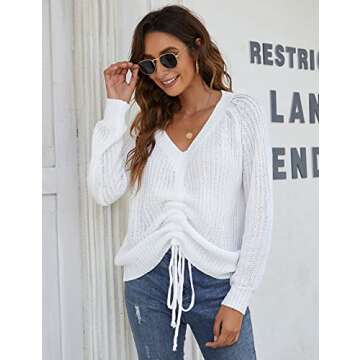 Blooming Jelly Womens Off Shoulder Sweaters Oversized V Neck Shirts Long Sleeve Ruched Knit Pullover Tops