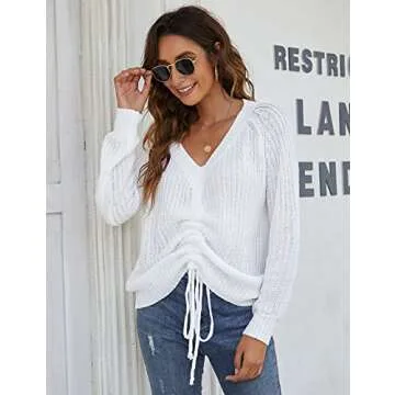 Blooming Jelly Womens Off Shoulder Sweaters Oversized V Neck Shirts Long Sleeve Ruched Knit Pullover Tops