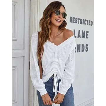 Blooming Jelly Womens Off Shoulder Sweaters Oversized V Neck Shirts Long Sleeve Ruched Knit Pullover Tops