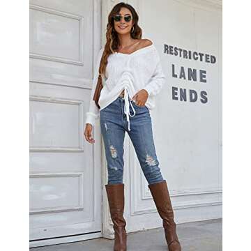 Blooming Jelly Womens Off Shoulder Sweaters Oversized V Neck Shirts Long Sleeve Ruched Knit Pullover Tops