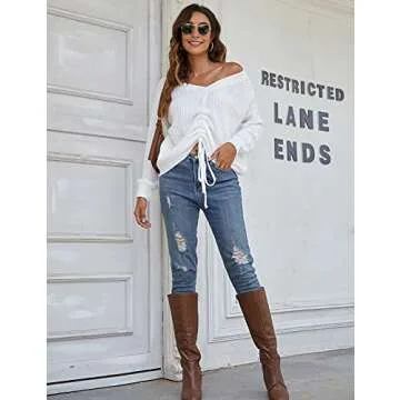 Blooming Jelly Womens Off Shoulder Sweaters Oversized V Neck Shirts Long Sleeve Ruched Knit Pullover Tops