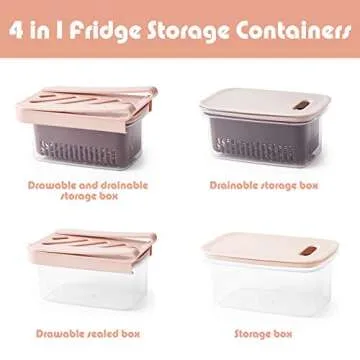 Food Storage Containers with Lids，BPA-free Airtight Pull-out Fridge Drawer Organizer，Food Fresh-keeping Organizer Container with Strainers,Used in storing Fruits Vegetables Meat Fresh Fish（Pink+Blue）