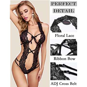 Avidlove Women Deep V Lingerie Teddy One Piece Bodysuit Lace Lingerie Teddy Black Medium