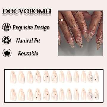 Press on Nails Medium Almond Shaped Fake Nails with 3D Charms Design Opaque Full Cover Glue Stick on...