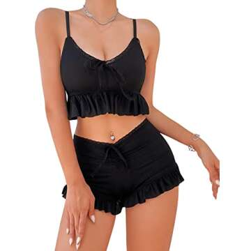 SweatyRocks Women's 2 Piece Lingerie Set Pajama Sets Ruffle Trim Tie Front Cami Top and Shorts Sleepwear