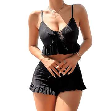 SweatyRocks Women's 2 Piece Lingerie Set Pajama Sets Ruffle Trim Tie Front Cami Top and Shorts Sleepwear