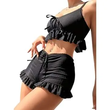 SweatyRocks Women's 2 Piece Lingerie Set Pajama Sets Ruffle Trim Tie Front Cami Top and Shorts Sleepwear