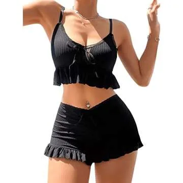 SweatyRocks Women's 2 Piece Lingerie Set Pajama Sets Ruffle Trim Tie Front Cami Top and Shorts Sleepwear