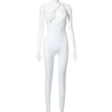 Hilinker Women's Sexy One Shoulder Sleeveless Bodycon Long Pants Jumpsuits Rompers White Large