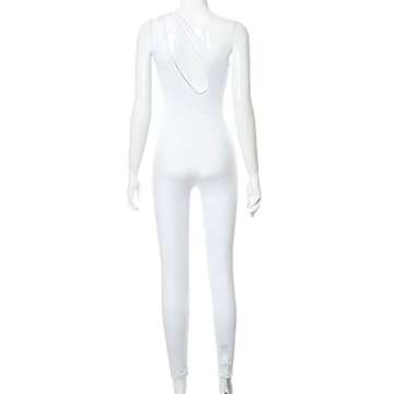 Hilinker Women's Sexy One Shoulder Sleeveless Bodycon Long Pants Jumpsuits Rompers White Large