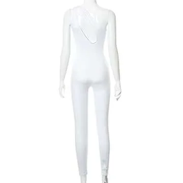 Hilinker Women's Sexy One Shoulder Sleeveless Bodycon Long Pants Jumpsuits Rompers White Large