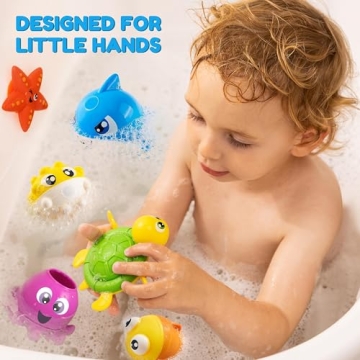 JOYIN Baby Bath Toy Set - Magnetic Fishing Toy with Fishing Rod, Soft Puffer & Clown Fish, Spinning Octopus and Starfish, Wind-up Shark and Turtle - Sensory Development for Infants & Toddler