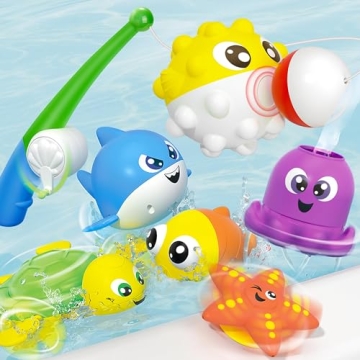 JOYIN Baby Bath Toy Set - Magnetic Fishing Toy with Fishing Rod, Soft Puffer & Clown Fish, Spinning Octopus and Starfish, Wind-up Shark and Turtle - Sensory Development for Infants & Toddler
