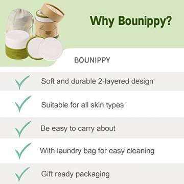 BOUNIPPY Reusable Makeup Remover Pads -20 Pack 100% Organic Reusable Cotton Rounds- - Washable Eco-Friendly Bamboo Velour Pads for All Skin Types, with Cotton Laundry Bag and Round Box for Storage