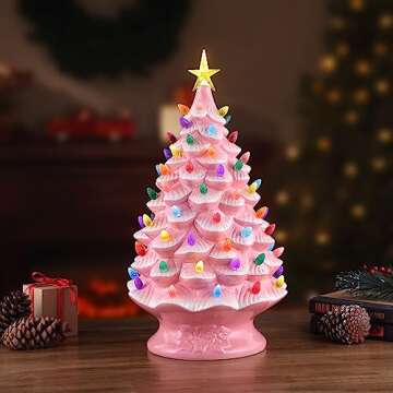 Mr. Christmas Nostalgic Ceramic Christmas Tree with LED Lights Indoor Decoration, 24 Inches, Pink