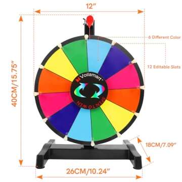 Voilamart 12" Tabletop Spinning Prize Wheel 12 Slots with Durable Plastic Base, Dry Erase, 2 Pointer, for Fortune Spin Game in Party Pub Trade Show Carnival