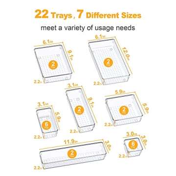 SMARTAKE 22-Piece Drawer Organizers, 7 Sizes Desk Drawer Dividers with Non-Slip Pads, Plastic Dresser Storage Tray Sets, Cosmetic Makeup Jewelries Trays, for, Kitchen, Office, Home, Bathroom (Clear)