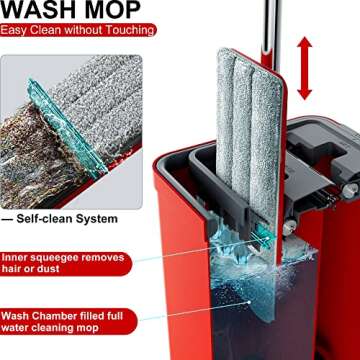 BOSHENG Mop and Bucket with Wringer Set, Flat Floor Mop and Bucket, with 3 Microfiber Mops for Floor Cleaning, Wet and Dry Use for Household Cleaning - Red