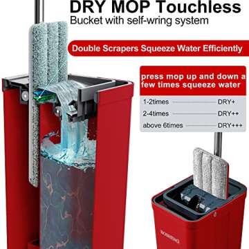 BOSHENG Mop and Bucket with Wringer Set, Flat Floor Mop and Bucket, with 3 Microfiber Mops for Floor Cleaning, Wet and Dry Use for Household Cleaning - Red