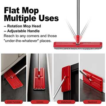 BOSHENG Mop and Bucket with Wringer Set, Flat Floor Mop and Bucket, with 3 Microfiber Mops for Floor Cleaning, Wet and Dry Use for Household Cleaning - Red