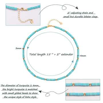 Turquoise Gemstone Beaded Satellite Chain Necklace Boho Vintage Handmade Blue Turquoise Choker Necklace for Women Adjustable 18K Gold Plated 15”