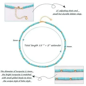 Turquoise Gemstone Beaded Satellite Chain Necklace Boho Vintage Handmade Blue Turquoise Choker Necklace for Women Adjustable 18K Gold Plated 15”