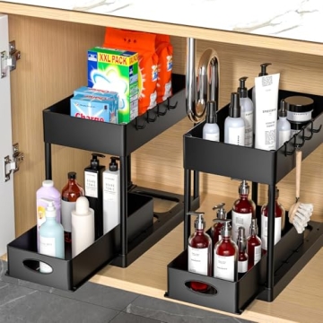 PUILUO 2 Set Under Sink Cabinet Organizer, Doubled Tier Storage Solution for Bathroom and Kitchen