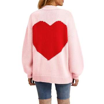 Tutorutor Womens Oversized Love Heart Pattern Print Open Front Cardigan Sweaters Casual Boho Valentine Loose Outwear Coat Pink