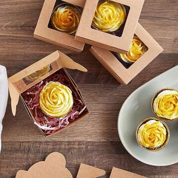 Juvale 50 Pack 4x4x2.5 Mini Dessert Boxes with Window for Bakery - Baked Goods Packaging Containers for Cupcakes, Cookies, Pastry (Kraft Paper)