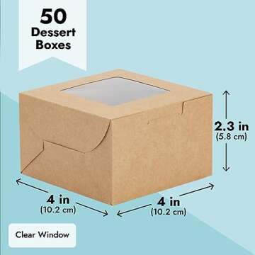 Juvale 50 Pack 4x4x2.5 Mini Dessert Boxes with Window for Bakery - Baked Goods Packaging Containers for Cupcakes, Cookies, Pastry (Kraft Paper)