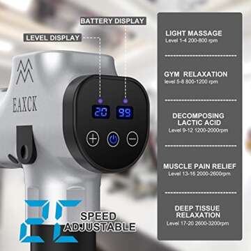 Massage Gun Deep Tissue, EAXCK Percussion Muscle Massager Gun for Athletes Sport Acid Relief, Body Massager for Pain Soreness Portable LED Display Super Quiet Brushless Motor