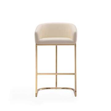 Manhattan Comfort Louvre 30 Inch Mid Century Modern Counter Height Bar Stools - Elegant Faux Leather Padded Seat, Stainless Steel Base with Footrest, Fully Assembled Barstools, Set of 3, Cream