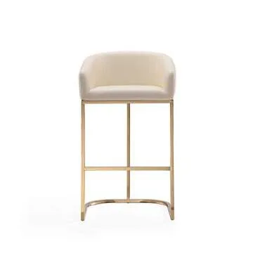 Manhattan Comfort Louvre 30 Inch Mid Century Modern Counter Height Bar Stools - Elegant Faux Leather Padded Seat, Stainless Steel Base with Footrest, Fully Assembled Barstools, Set of 3, Cream