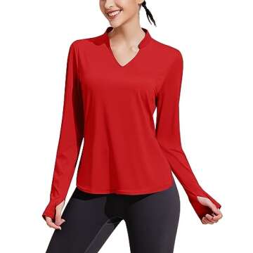 PINSPARK Women Long Sleeve Workout Shirts Moisture Wicking Activewear Top V-Neck Athleisure Shirts for Gym Yoga Red L