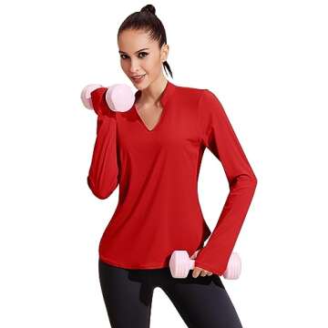 PINSPARK Women Long Sleeve Workout Shirts Moisture Wicking Activewear Top V-Neck Athleisure Shirts for Gym Yoga Red L