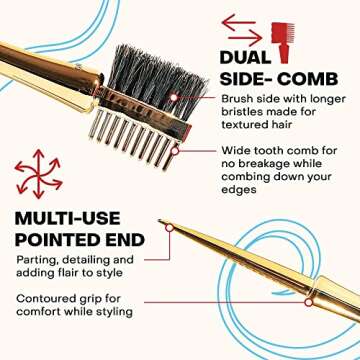 On The Edge Baby Hair – Gentle Hair Brush Styling Tool, Double-Sided Hair Edge Brush, Baby Hair Brush with a Multi-Use Pointed End, Edge Comb Alternative, Gold